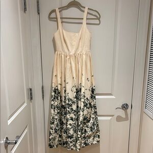 Antonio Melani Adjustable Strap Cream Green Floral Tea Length Cotton Dress